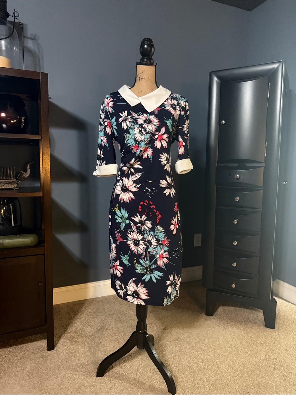Floral Navy Midi Dress with White Collar